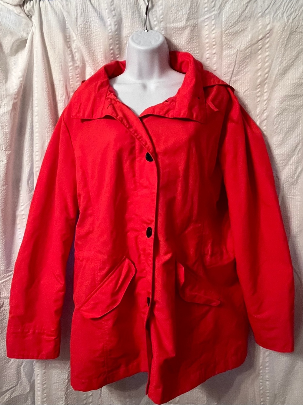 Lands' End Bright Tomato Red Button-Front Utility Hooded Jacket size large 14-16
